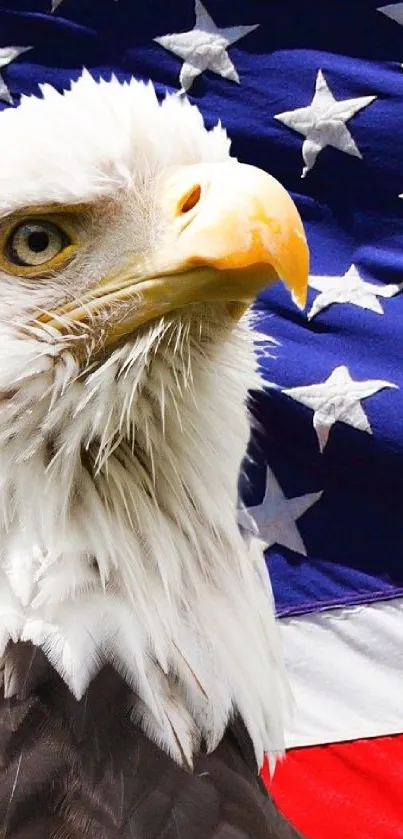 Bald eagle with American flag background, showcasing strength and patriotism.