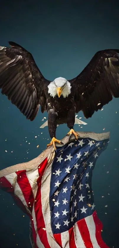 Bald eagle spreading wings atop a waving American flag.