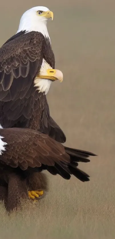 Three majestic bald eagles standing in a serene, grassy landscape.