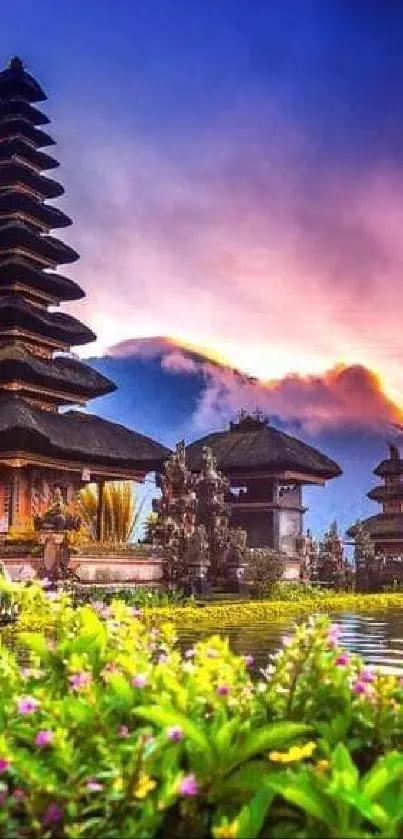 Beautiful Bali temple by the lake at sunset with vibrant purple sky.