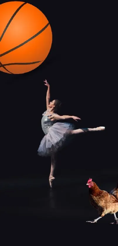 Ballerina, basketball, and chicken on dark background.