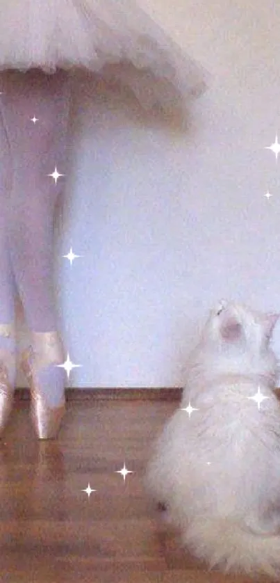 Ballerina in pointe shoes with a fluffy white cat on wooden floor.