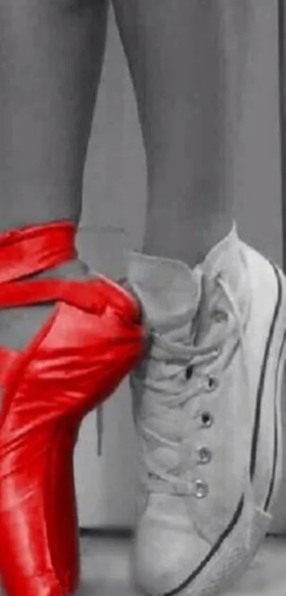 Red ballet shoe and white sneaker contrast in mobile wallpaper.