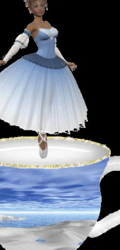 Elegant ballerina in blue dress balancing on a teacup with ocean motif.