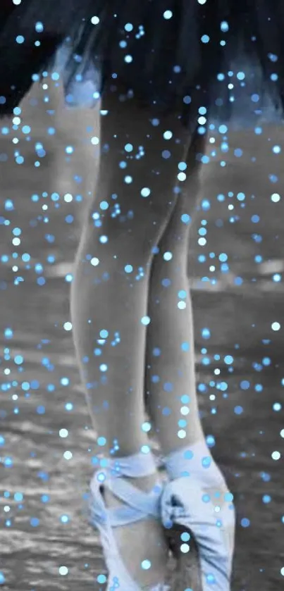 Ballet dancer's feet on icy blue stage with soft snowfall effect.