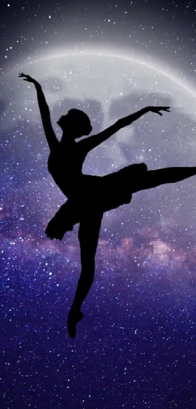 Silhouette of a ballet dancer against a starry galaxy background.