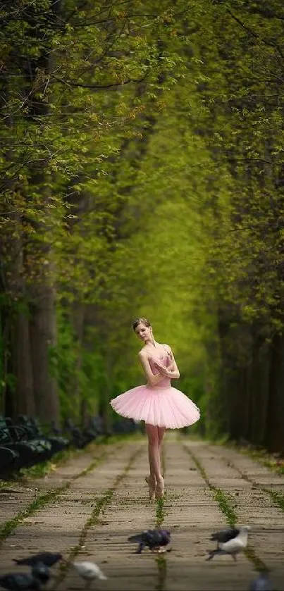 Elegant ballerina in pink tutu dancing in a lush green forest path.