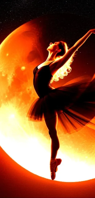 Ballet dancer poised gracefully before a vibrant, glowing orange moon.