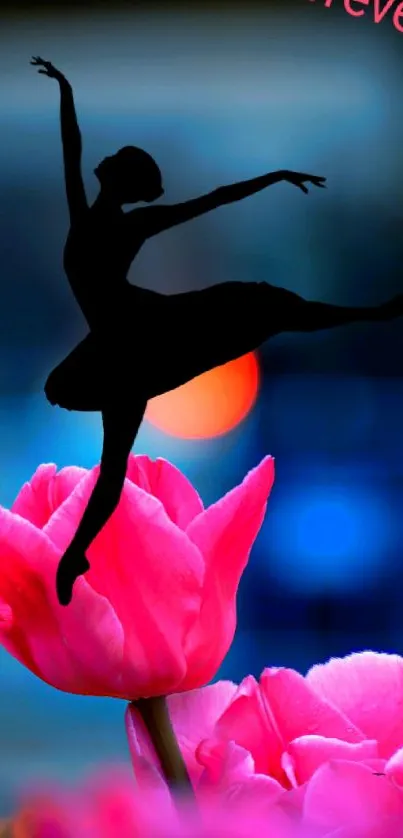 Elegant ballet dancer silhouette over vibrant pink flowers.