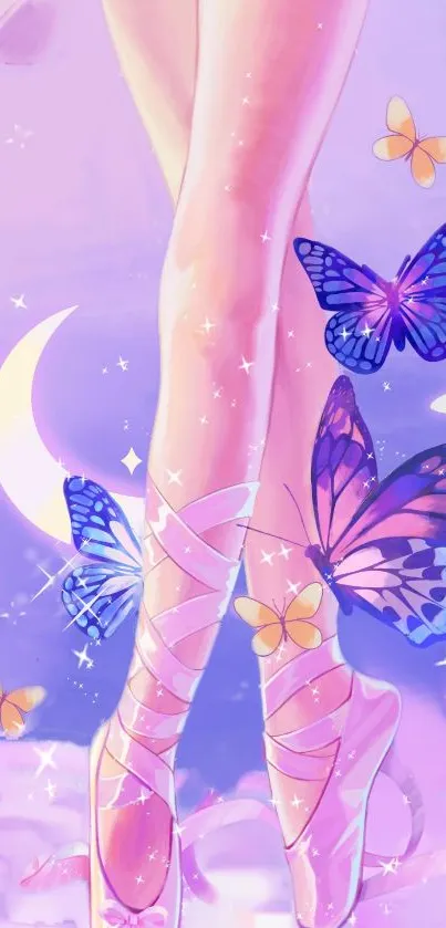 Ballet-themed wallpaper with butterflies and moonlight in purple hues.