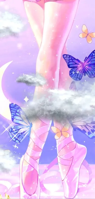 Ballet shoes and butterflies with a pastel background and clouds.