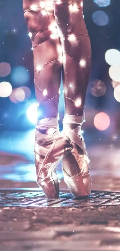 Dancer's feet wrapped in lights with bokeh background.