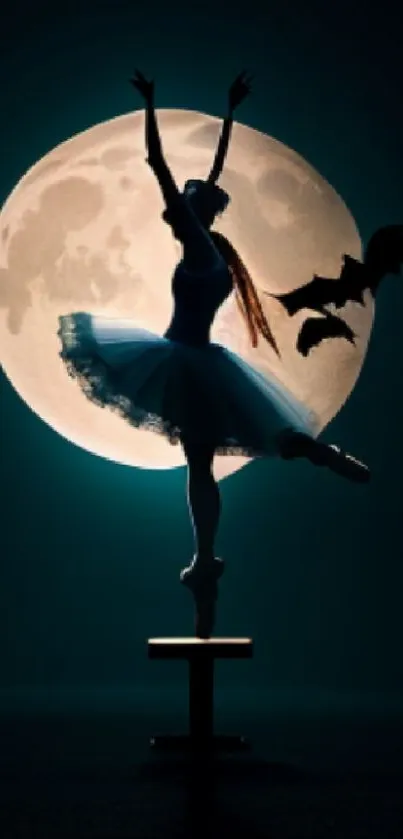 Graceful ballerina dancing under a full moon, with bats in the background.