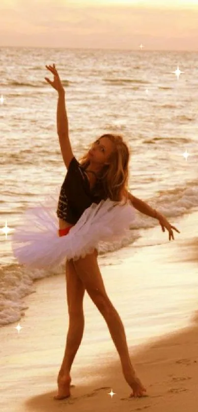 Ballerina dancing on the beach at sunset in a graceful pose.