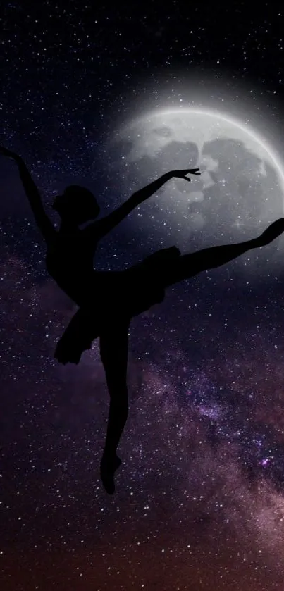 Ballet dancer silhouette against moonlit night sky and stars mobile wallpaper.