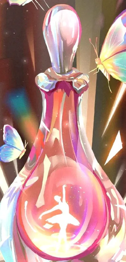 Colorful glass bottle with dancer and butterflies.