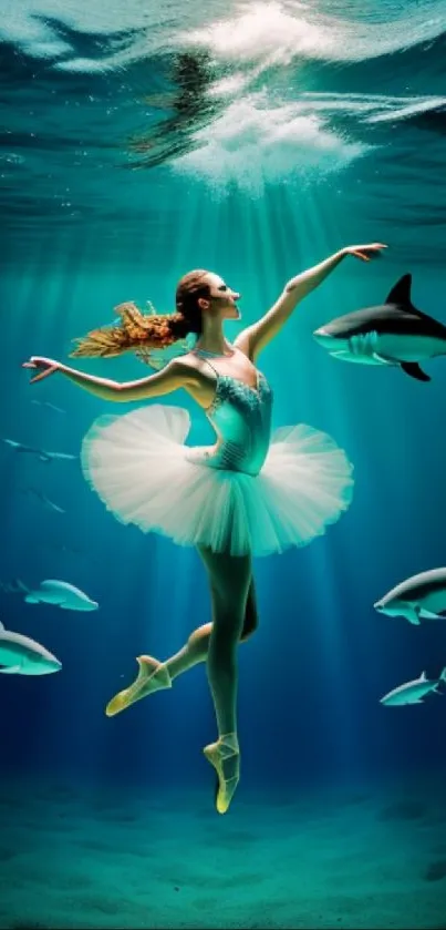 Underwater ballet dancer surrounded by sharks, set in vivid blue waters.