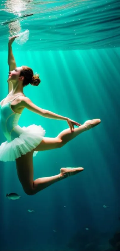 Ballerina performing underwater in stunning turquoise light.