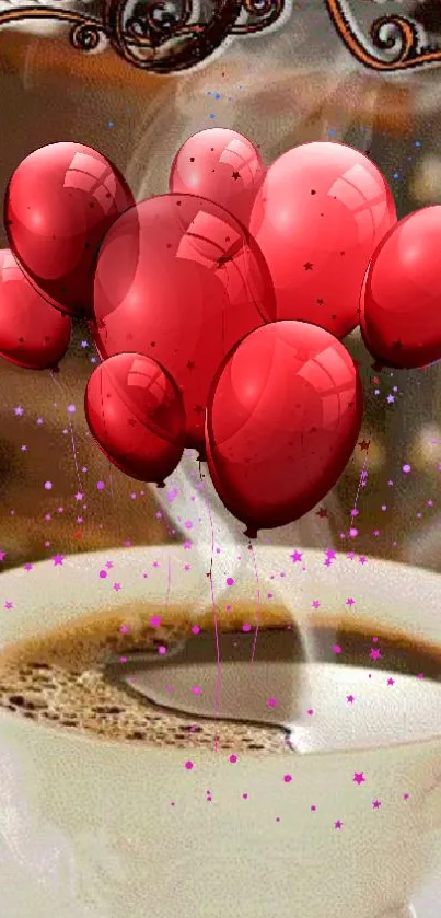 Red balloons float over a steaming coffee cup.