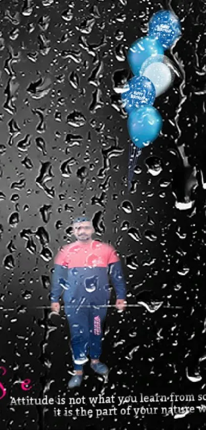 Mobile wallpaper with balloons and rain effect.