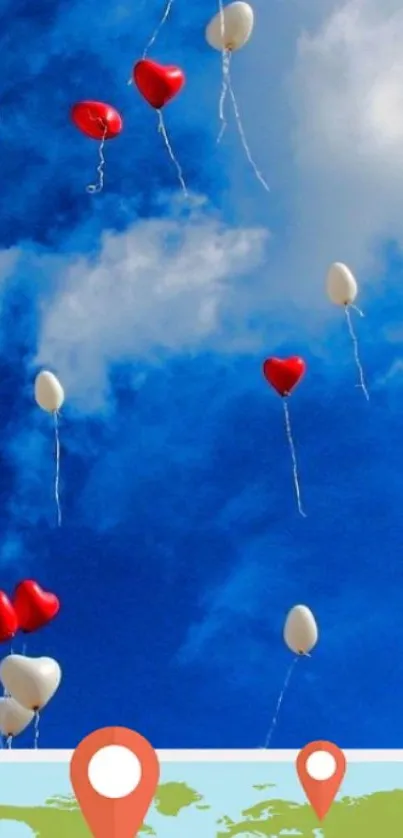 Heart-shaped balloons floating in a blue sky.