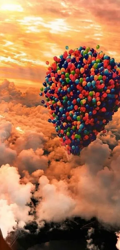 Colorful balloons float over sunset clouds viewed from airplane.