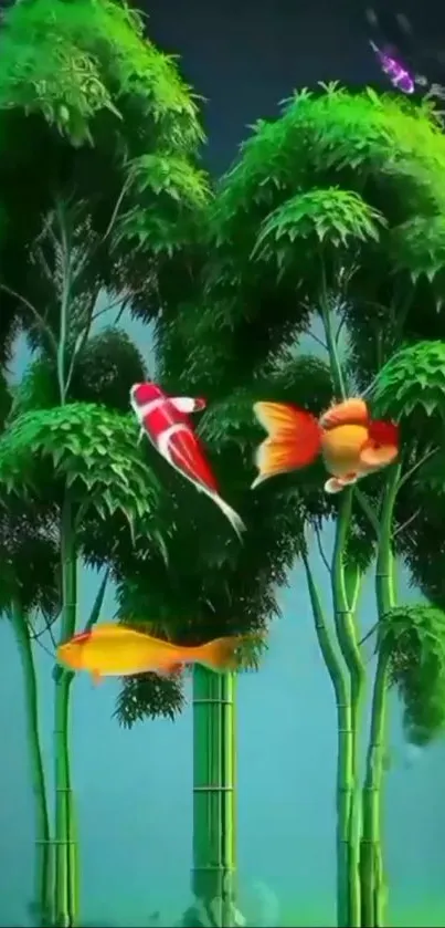 Lush green bamboo with vibrant koi fish swimming gracefully.