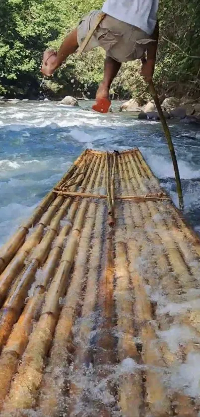 Bamboo raft on a flowing river with lush greenery background.