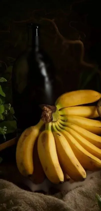 Still life wallpaper of yellow bananas and a dark bottle.