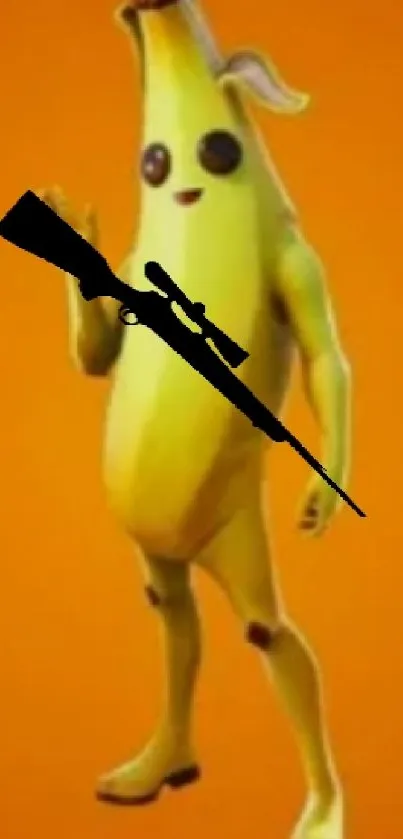 Banana character holding a rifle on orange background.