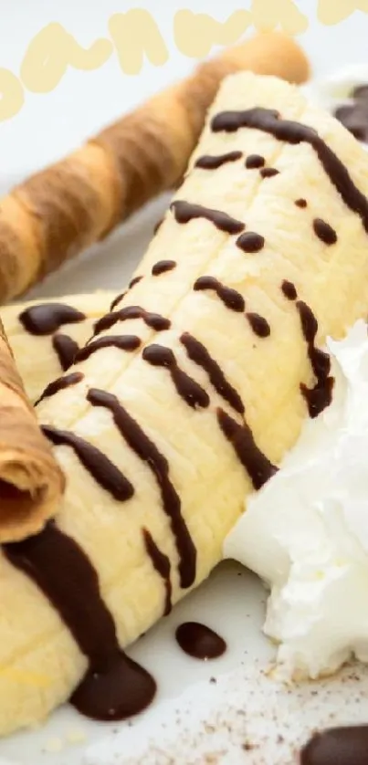 Banana dessert with chocolate drizzles and whipped cream.