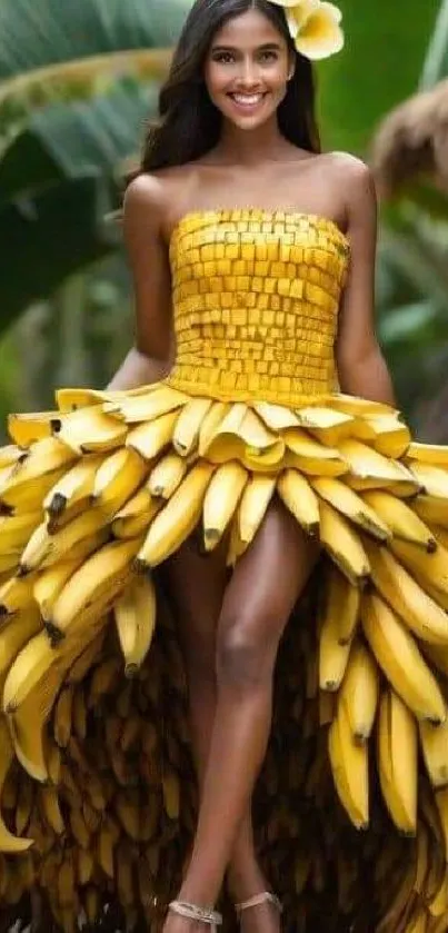 Person wearing a banana-themed dress in a tropical setting.