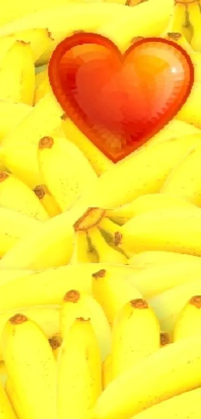 Yellow banana wallpaper with a red heart centerpiece.