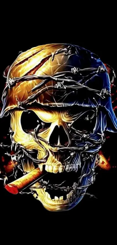 Barbed skull with fiery background, perfect for edgy wallpaper.