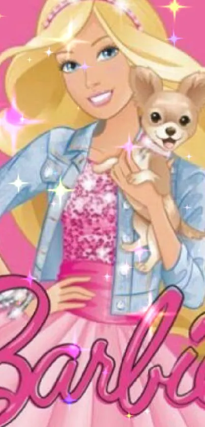 Barbie holding a puppy with pink background.