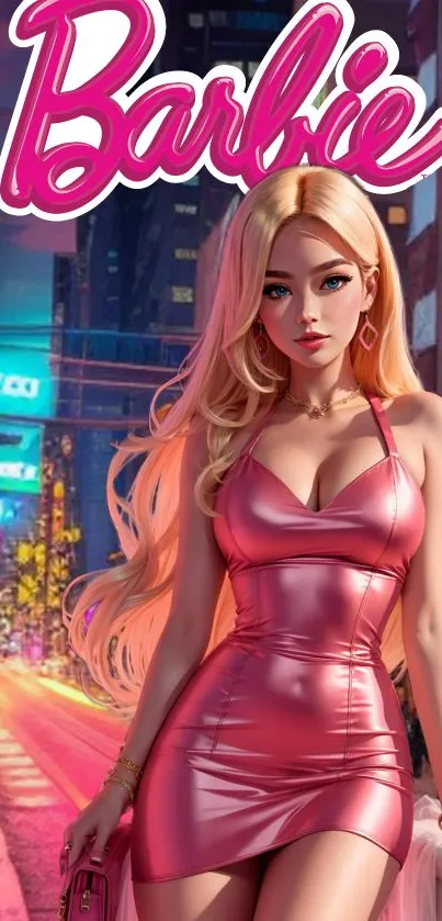 Barbie in pink dress in a vibrant neon cityscape mobile wallpaper.