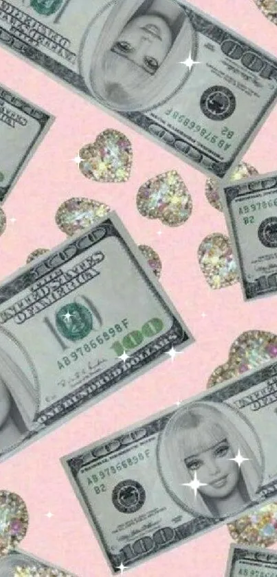 Barbie money and glitter hearts on a pink background.