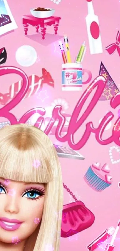 Barbie themed wallpaper with pink background and doll accessories.