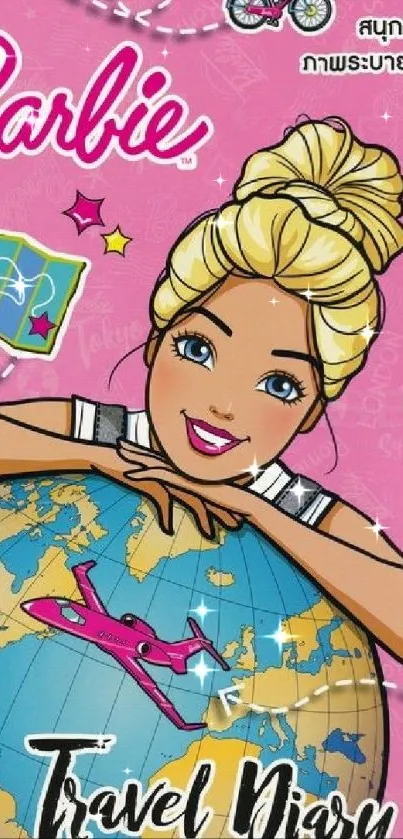 Barbie leaning on a globe with a pink travel-themed background.