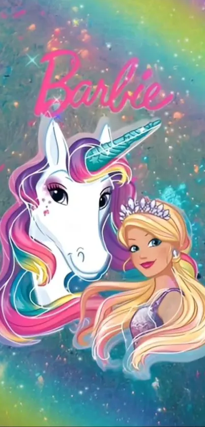 Barbie and unicorn in a rainbow aura wallpaper.