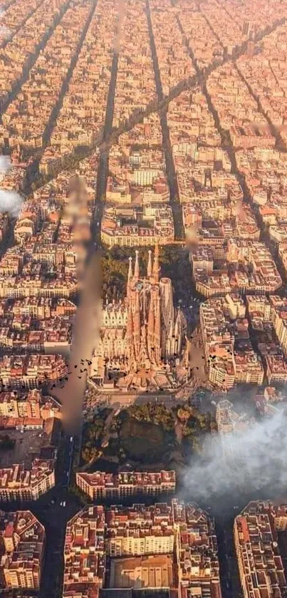 Aerial view of Barcelona with historic architecture.