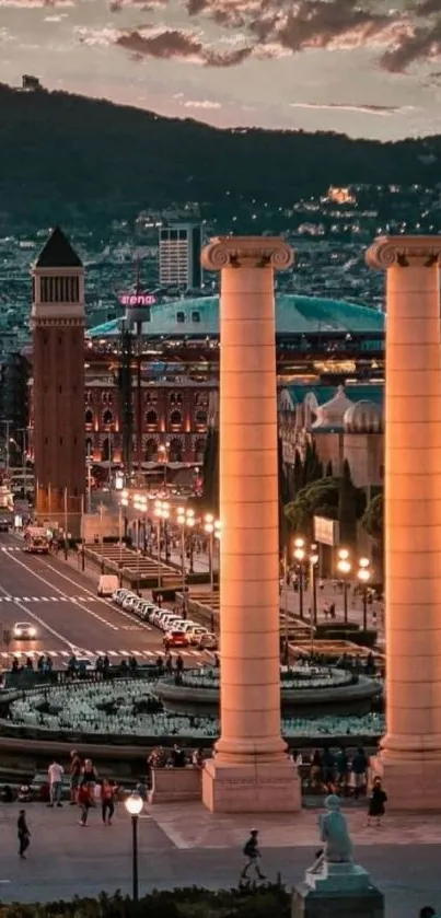 Barcelona cityscape at dusk with iconic landmarks and urban lights.