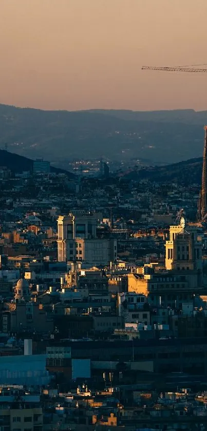 Barcelona cityscape at sunset with scenic skyline.