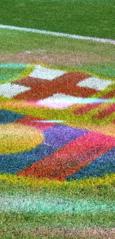 Barcelona football club emblem on green grass field.