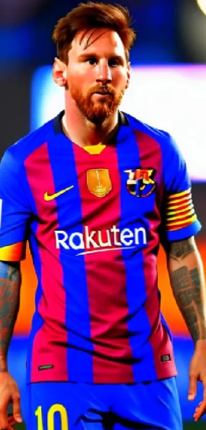 Soccer player in Barcelona jersey on field.