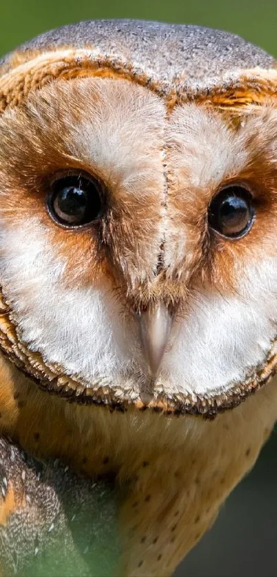 Close-up of a barn owl with a green blurred forest background.