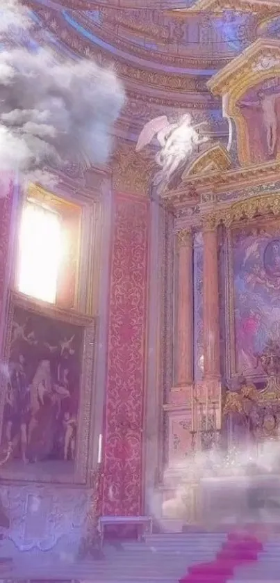 Baroque chapel wallpaper with ethereal light and ornate design.