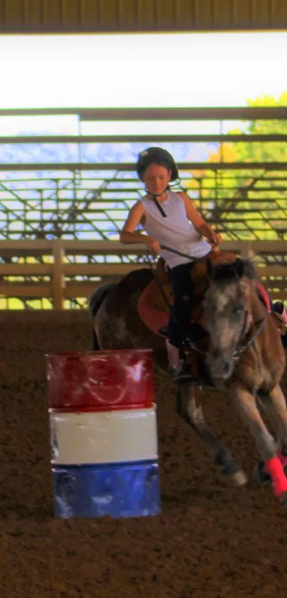 Horse and rider in barrel racing inside an arena.