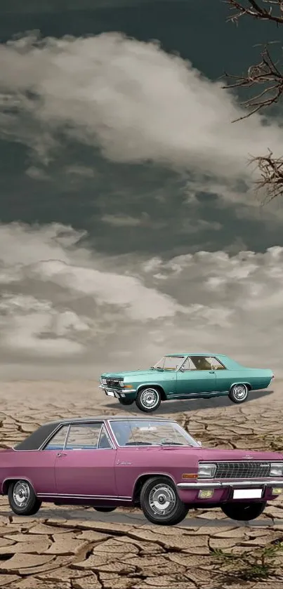 Barren desert with dry tree under cloudy sky.