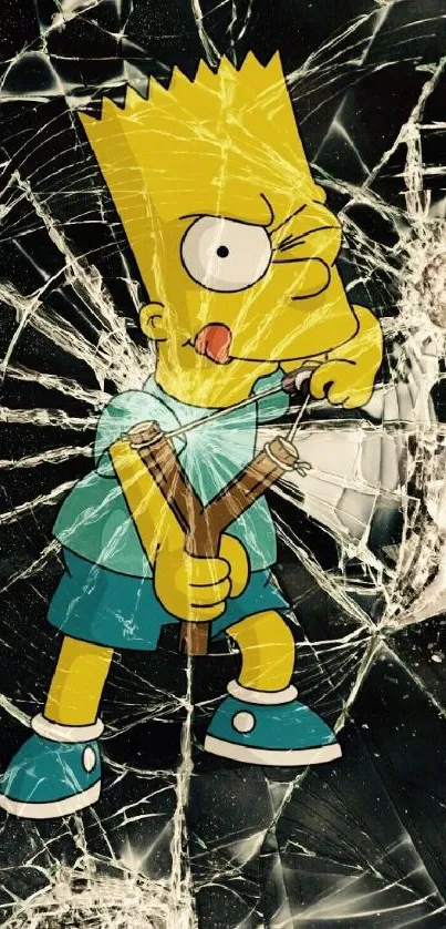 Cartoon character Bart with cracked screen for mobile wallpaper.